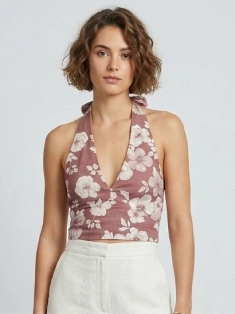 Abercrombie Linen-Blend Halter Top Red Floral Medium Cropped Tie